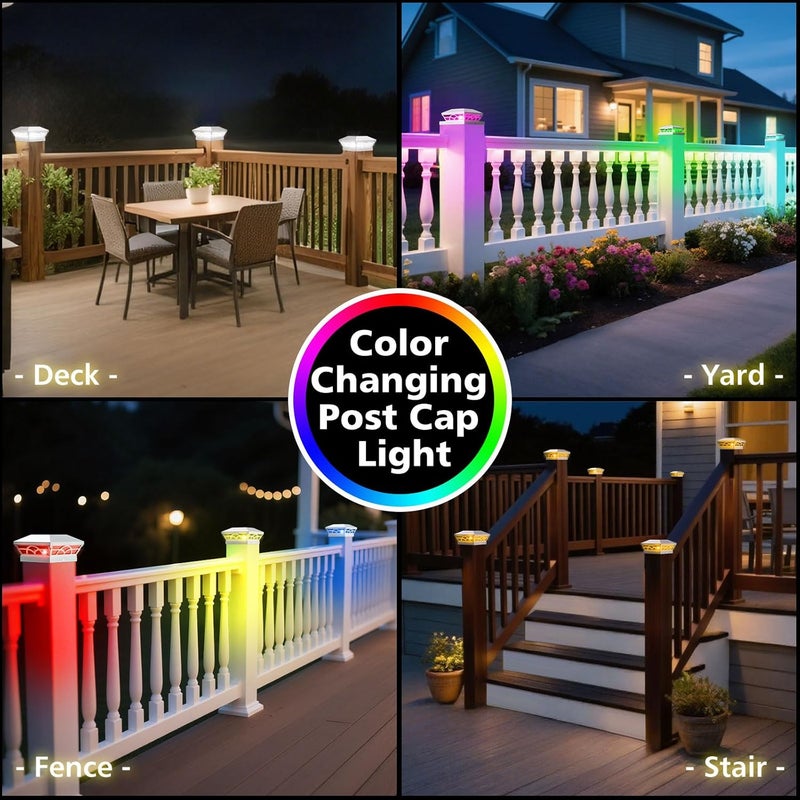 T-SUN Solar Post Cap Lights 6 Pack – Outdoor Waterproof RGB Color Changing Light for 3.5x3.5 4x4 5x5 5.5x5.5 Wood/Vinyl Fence Posts, Solar Deck Lights for Patio, Garden, Porch(White) - Image 3